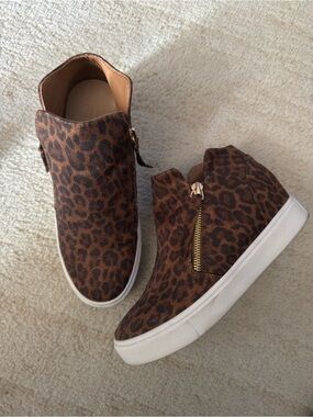 JustFab Leopard Print Hidden Wedge High-Top Sneakers - Brown/White